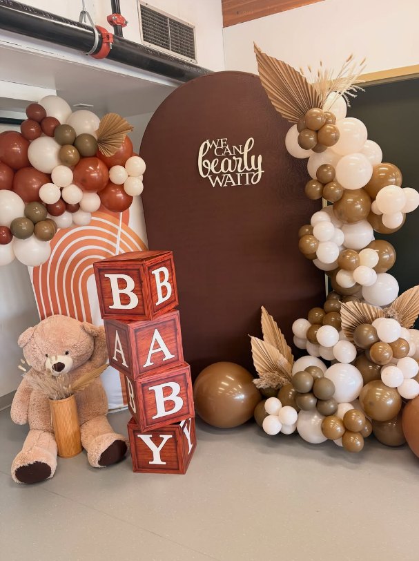 Instagram post: baby shower with teddy bear backdrop