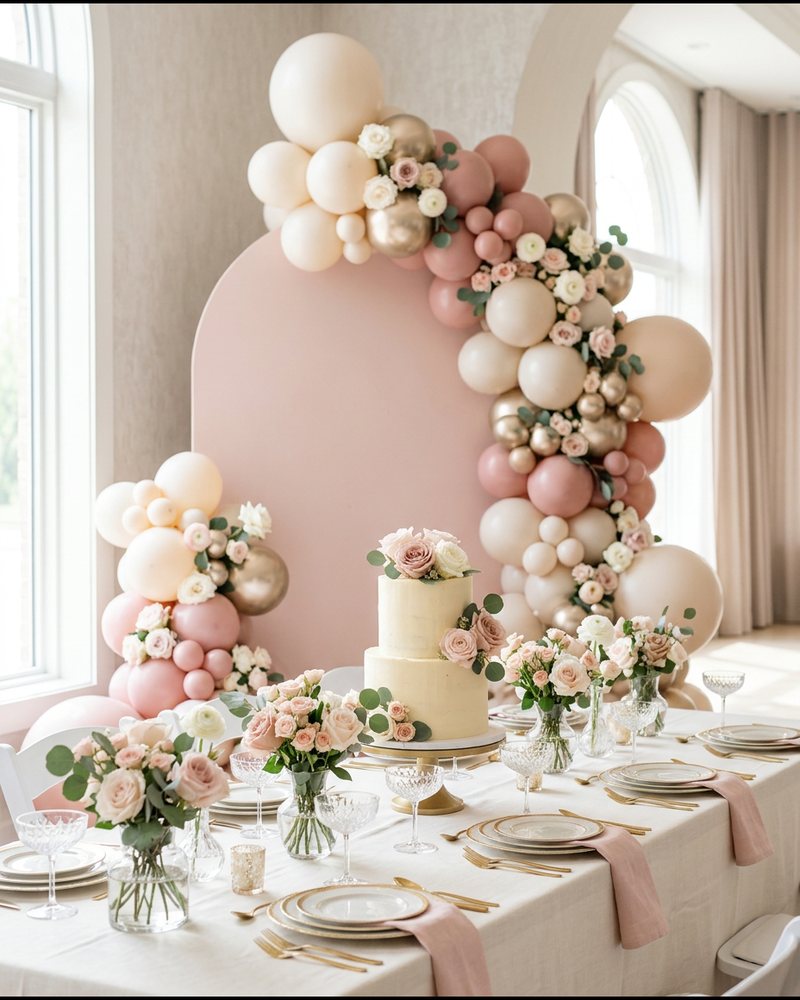 Illustration: bridal shower brunch table with blush and ivory balloon garland, roses and a floral cake